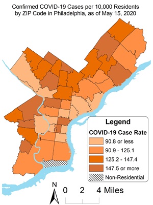 Confirmed COVID19 Cases per 10,000 residents by zip code in Philadelphia, as of May 15, 2020